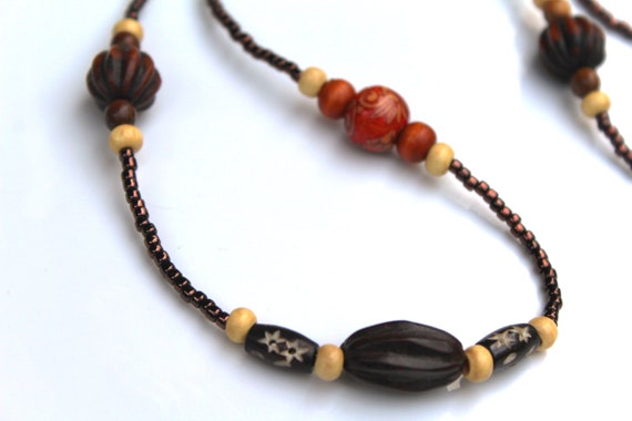Brown Beaded Necklace, Short Wood Bead, Boho Asymmetrical Necklace