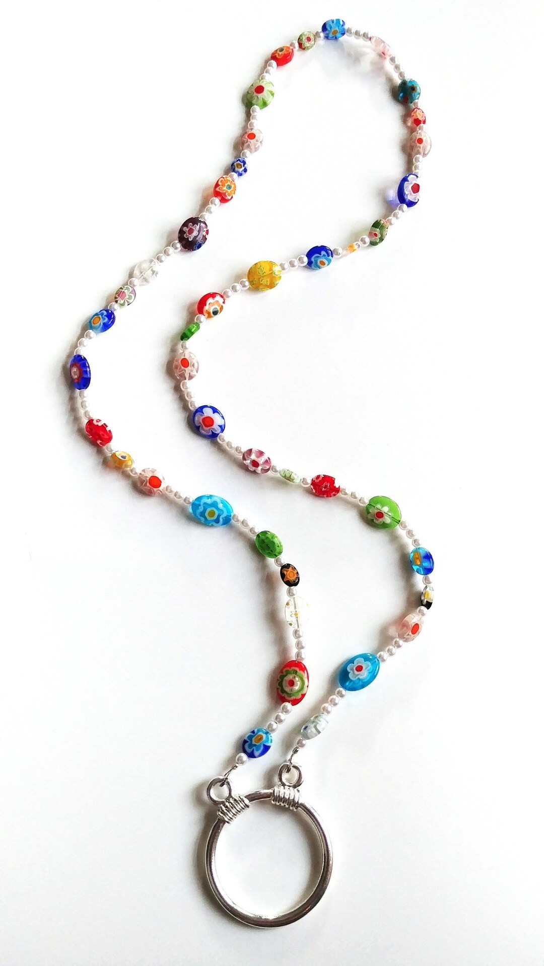 Millefiori Eyeglass Necklace, Colorful Eyeglass Chain, White Bead