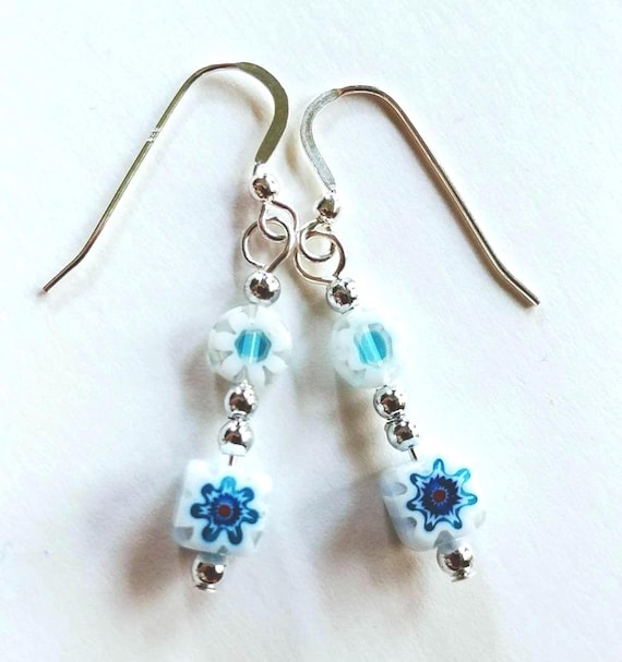 Light Blue Bead Earrings, White Millefiori Dangle Jewelry