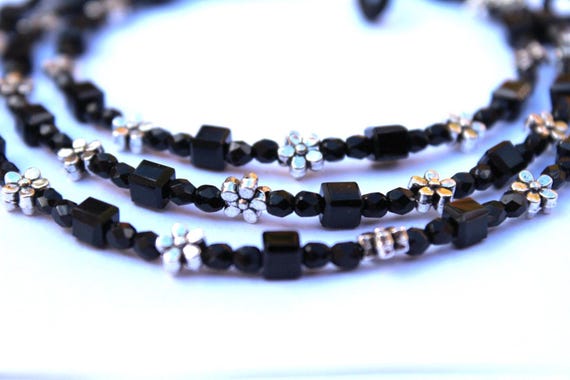 Black Eyeglass Chain, Beaded Chain for Glasses, Black and Silver Chain, Black Clothes Accessory