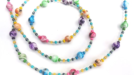 Color Wave Necklace, Colorful Rainbow Multi-color Bead Necklace