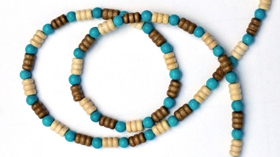Wood Bead Lanyard, Brown & Blue, Earth Tone Id Badge Holder