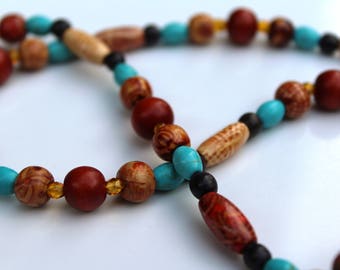 Brown and Turquoise Jewelry Set, Wood Beaded Necklace, Long Boho Necklace Jewelry Set