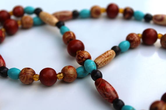 Brown and Turquoise Jewelry Set, Wood Beaded Necklace, Long Boho Necklace Jewelry Set