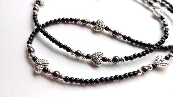 Eyeglass Chain, Black and Silver Minimalist Accessory with Small Hearts, Bead Glasses Chain, Gift for Her