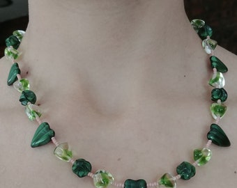 Chunky Green Bead Necklace, Heart Beads