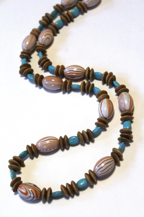 Turquoise Earth Tones Boho Wood Necklace, Long Brown Bead Necklace