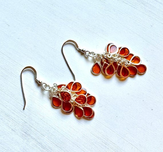 Orange and Silver Cluster Earrings