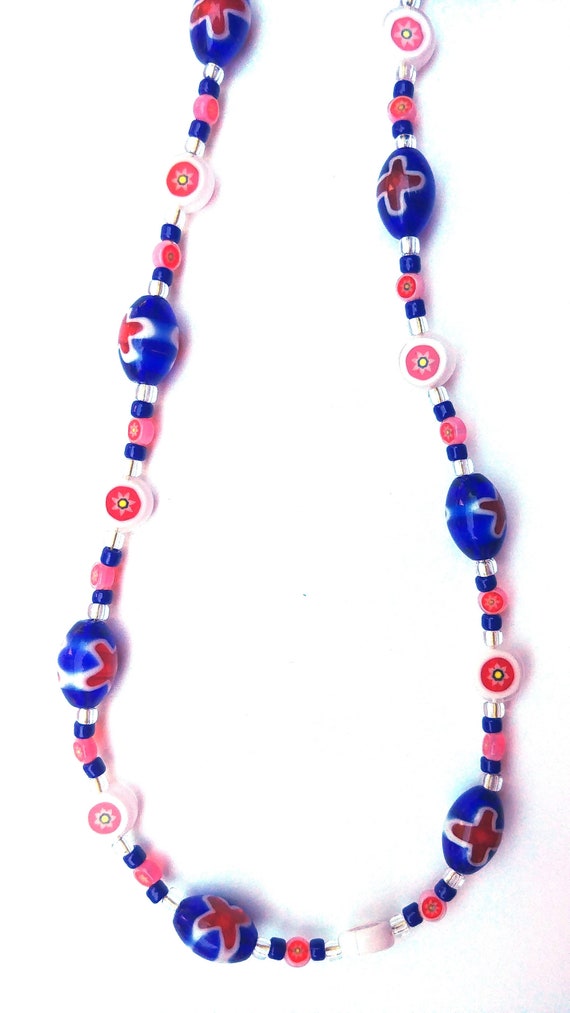 Red White and Blue Millefiori Bead Necklace