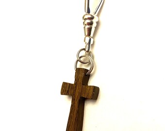 Wood Cross Keychain, Zipper Pull Clip