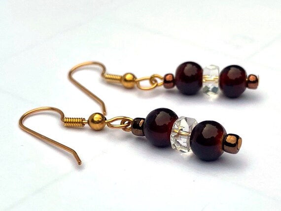 Short Dangle Earrings, Brown Jewelry, Cranberry Beaded Earrings, Minimalist Earrings, Small Dangle Earrings