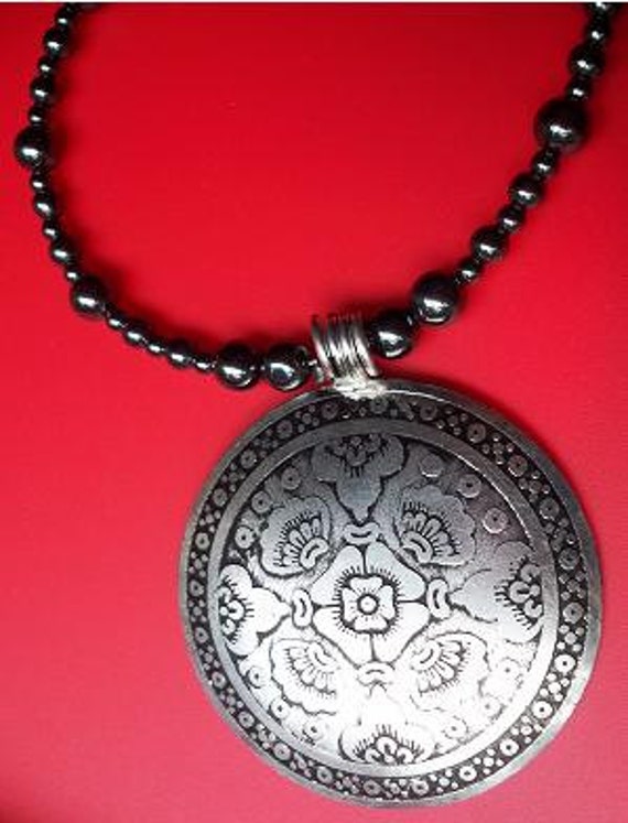Large Silver Pendant, Black Bead Necklace, Short Statement Necklace
