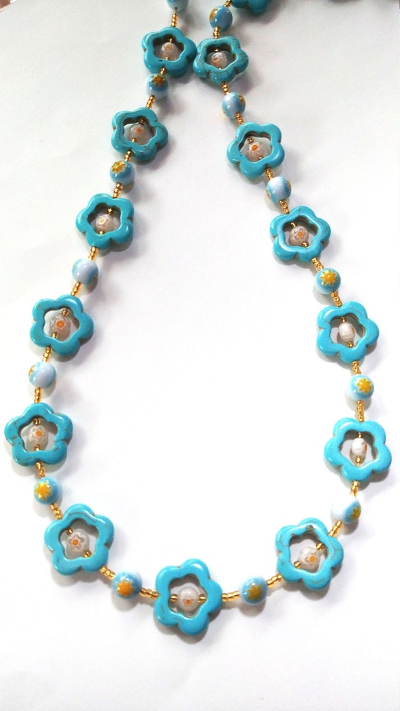 Turquoise Blue Necklace with Baby Blue and White Millefiori Beads, Chunky Jewelry