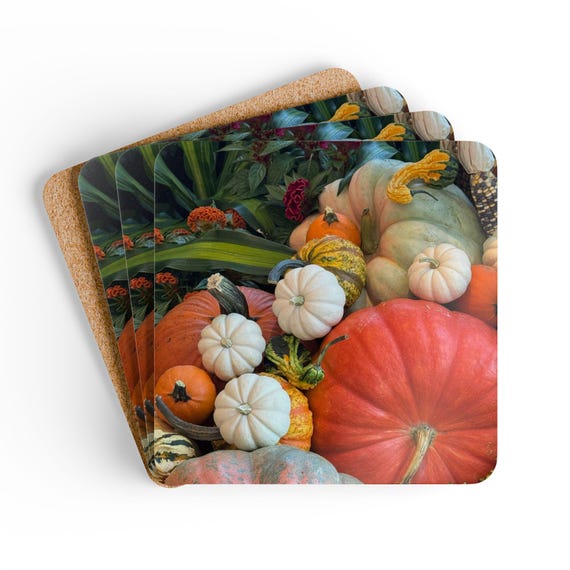 Autumn Harvest Cork Coaster Set, Thanksgiving Decor