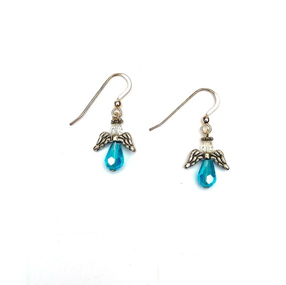Light Blue Dangle Earrings , Crystal Angel Earrings, Small Blue Earrings, Guardian Angel Jewelry, Everyday Jewelry