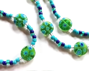 Millefiori Bead Necklace Green & Blue