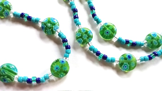 Millefiori Bead Necklace Green & Blue