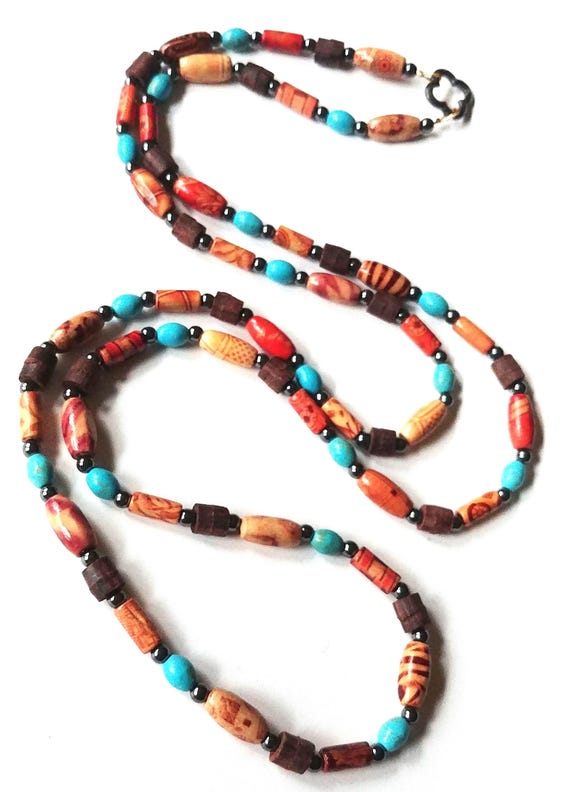 Long Boho Necklace, Brown and Turquoise Rope Length Wood Bead Wrap Necklace