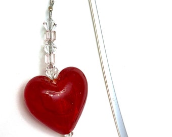 Love Theme Metal Bookmark, Puffy Heart Bookmark, Red Heart Glass Bead, I Love Reading, Gift Idea For Reader, Love Bookmark