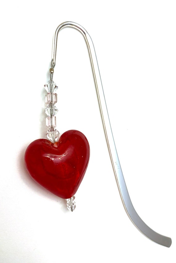 Love Theme Metal Bookmark, Puffy Heart Bookmark, Red Heart Glass Bead, I Love Reading, Gift Idea For Reader, Love Bookmark