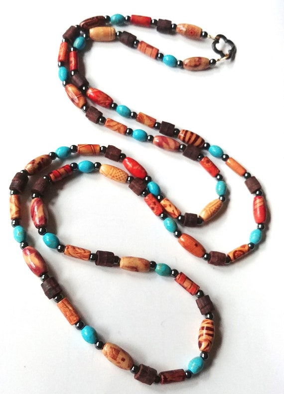 Long Boho Necklace, Brown and Turquoise Rope Length Wood Bead Wrap Necklace