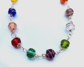 Colorful Glass Bead Necklace, Wire Wrapped Stone Necklace 30 inches