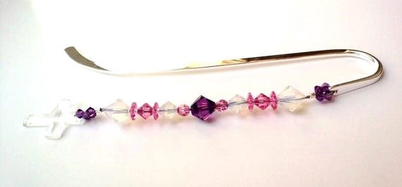 Crystal Cross Bookmark, Pink Purple Swarovski, Communion Gift