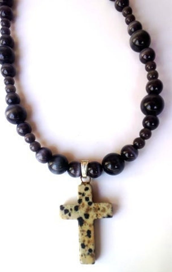 Black Beaded Cross Pendant Necklace, Speckled Cross, Faith Religious Jewelry