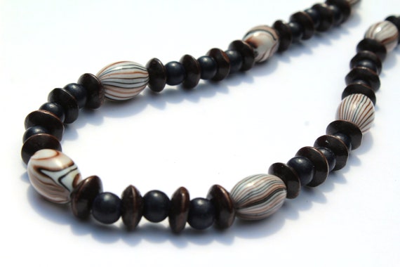 Wood Bead Necklace for Women, Dark Brown, Black Chunky Bead Necklace