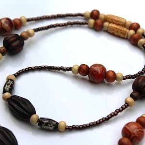 Brown Beaded Necklace, Long Wood Boho Necklace For Women, Earth Tones