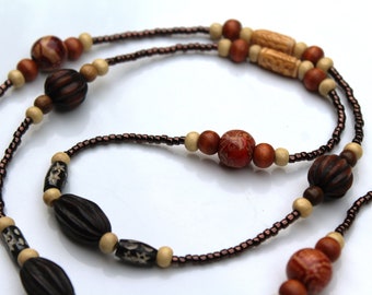 Brown Beaded Necklace, Long Wood Boho Necklace For Women, Earth Tones