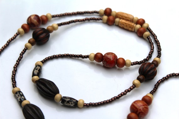 Brown Beaded Necklace, Long Wood Boho Necklace For Women, Earth Tones