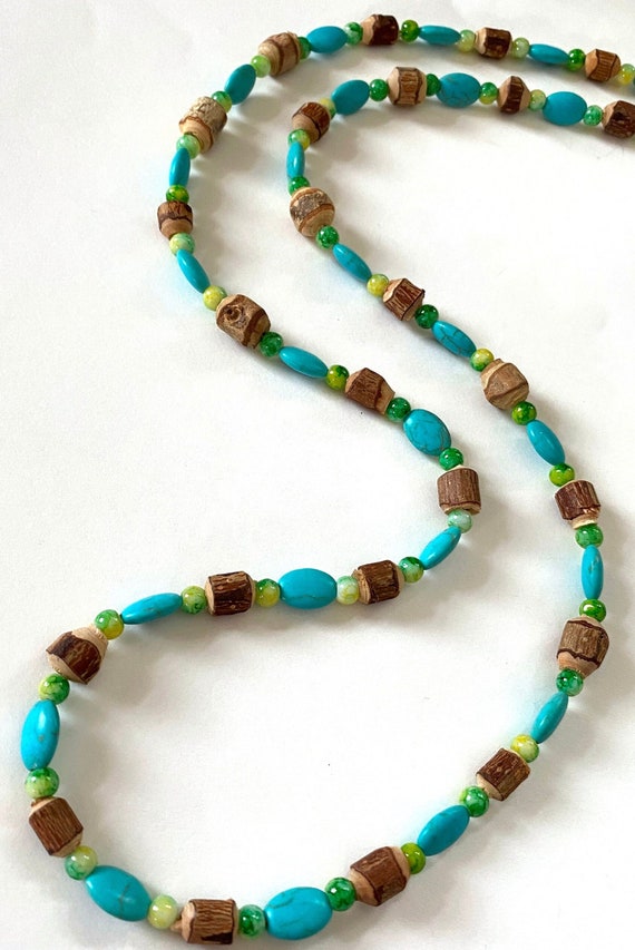 Rustic Bead Necklace, Carved Wood Long Double Up Necklace, Brown Green and Blue