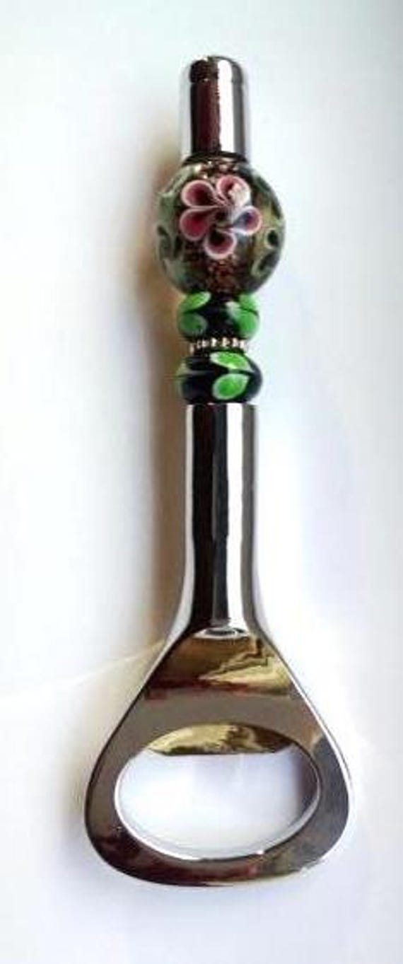 Beaded Bottle Opener, Pink Green Floral Bar Accessory, 21st Birthday Kitchen Decor