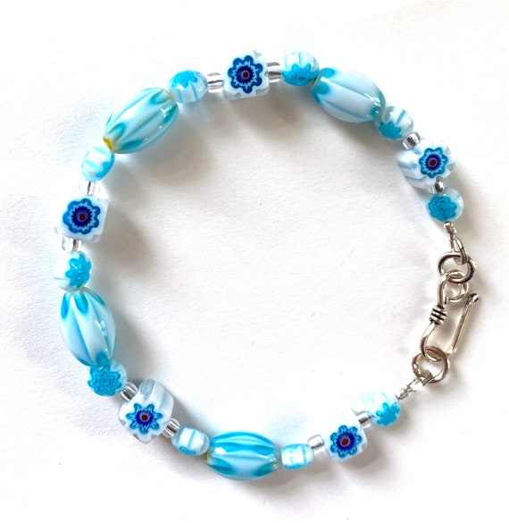 Millefiori Bead Bracelet, Light Blue and White