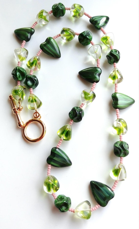 Heart Bead Necklace, Green Beads