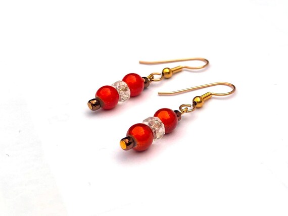 Orange Bead Earrings, Burnt Orange Dangle Minimalist Earrings