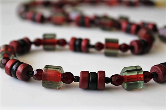 Short Chunky Red Necklace, Red and Black Bead Jewelry