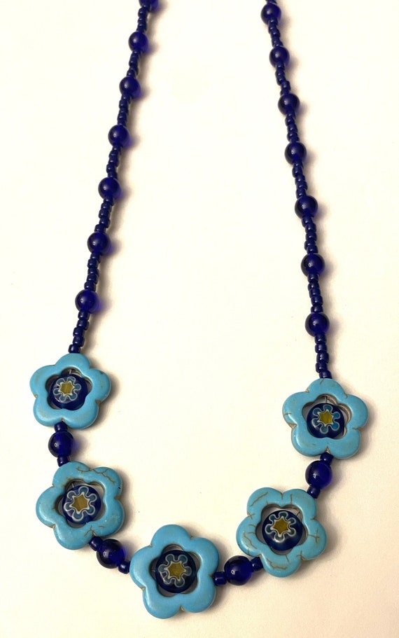 Blue Flower Bead Necklace with Millefiori