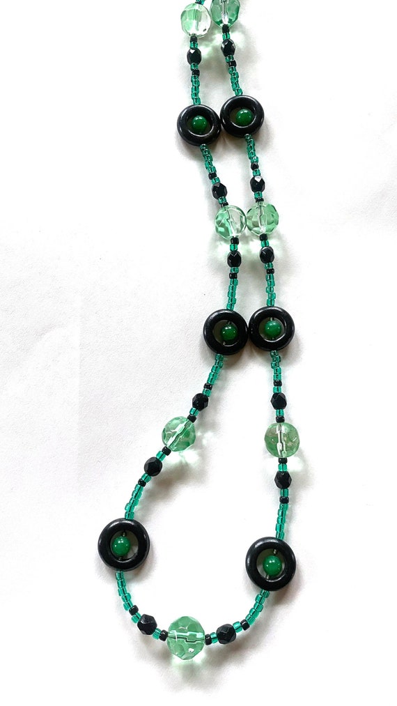 Green and Black Beaded Necklace, Short Green Necklace, Chunky Beads Necklace