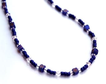 Short Blue Bead Necklace, Tiny Blue Bead 17 inch necklace