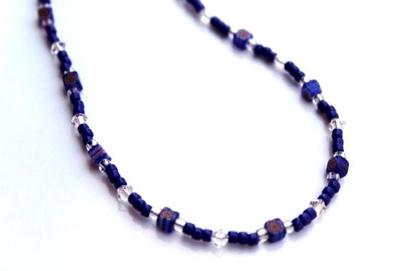 Short Blue Bead Necklace, Tiny Blue Bead 17 inch necklace