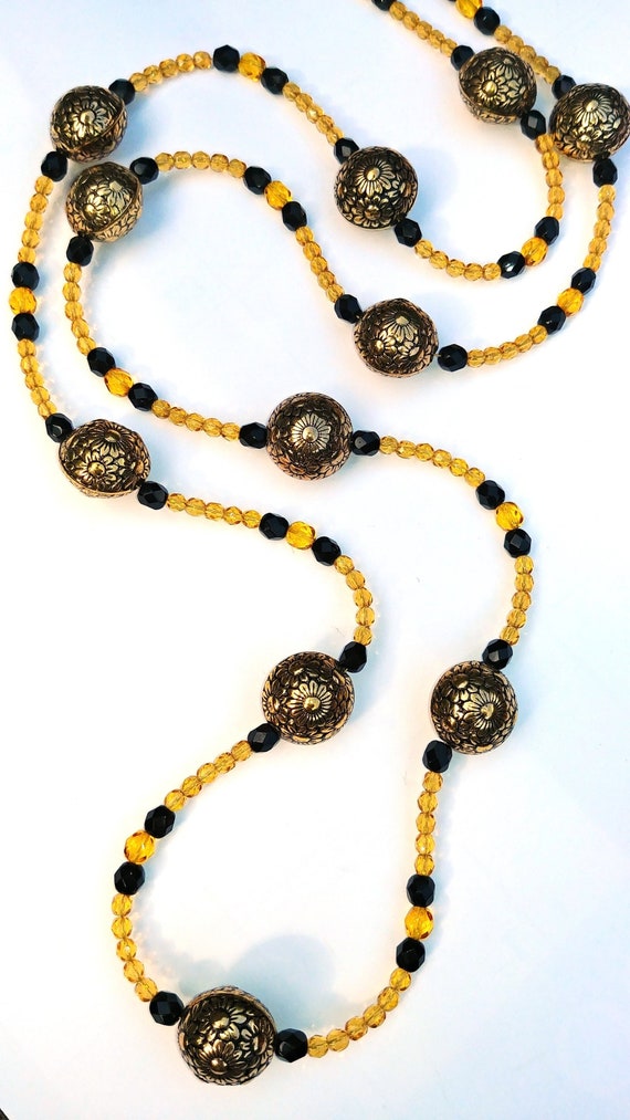 Golden Yellow and Black Long Bead Necklace