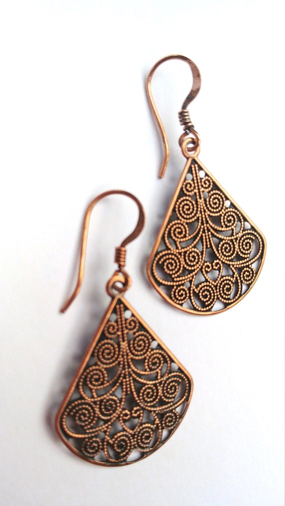 Copper Dangle Filigree Teardrop Earrings