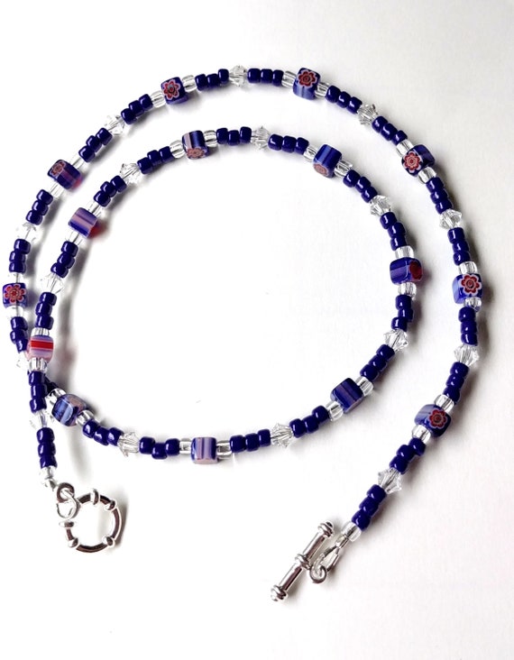 Short Blue Bead Necklace, Tiny Blue Bead 17 inch necklace