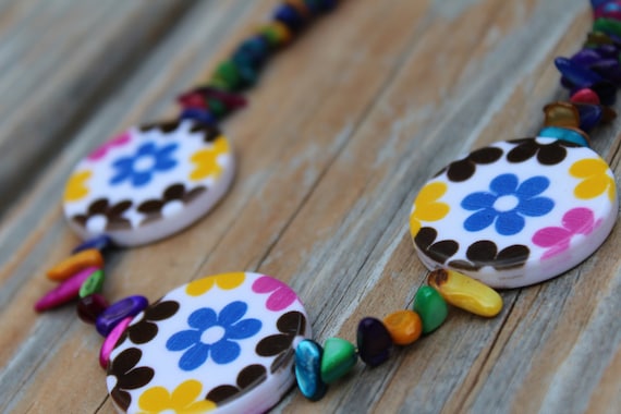 Colorful Necklace, Rainbow Statement Necklace, Chunky Bead Multi Color Flowers