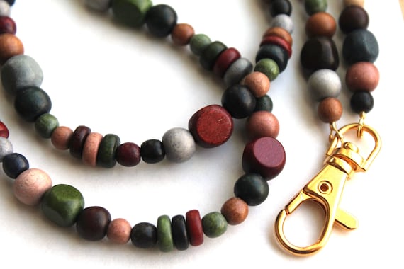 Bead Lanyard, Wood Bead Id Badge Holder, Fall Colors Autumn Tones
