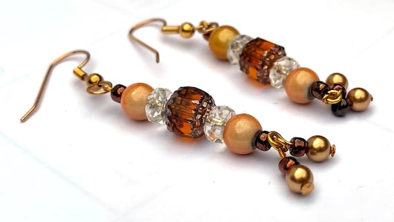 Long Dangle Earrings, Gold & Brown Fall Beaded Earrings, Autumn Jewelry