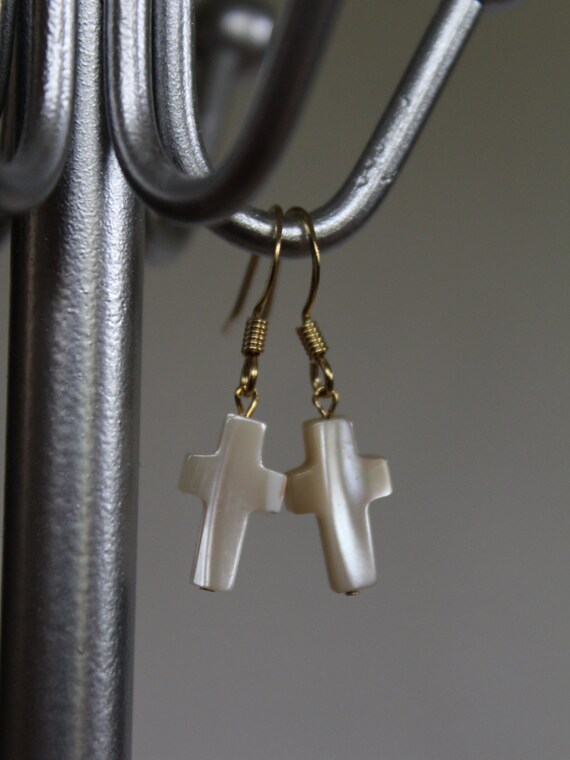 Cross Earrings, Mother of Pearl Religious Jewelry, Minimalist Drop Earrings