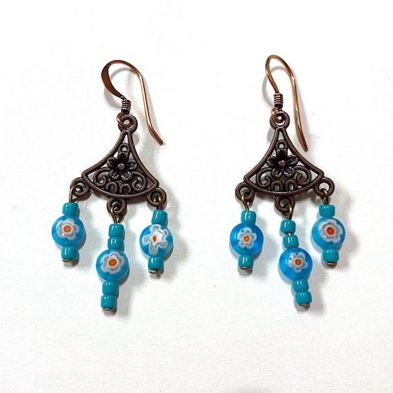 Copper Dangle Earrings with Light Blue Millefiori Beads, Boho Fan Earrings